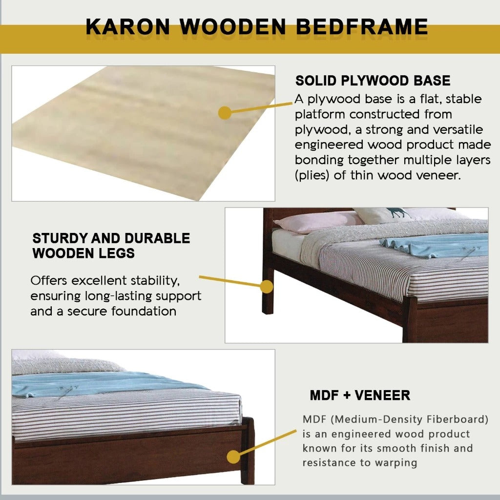 Karon Wooden Bedframe MDF + Veneer With Plywood Base Queen/King Size - w/ Mattress Option