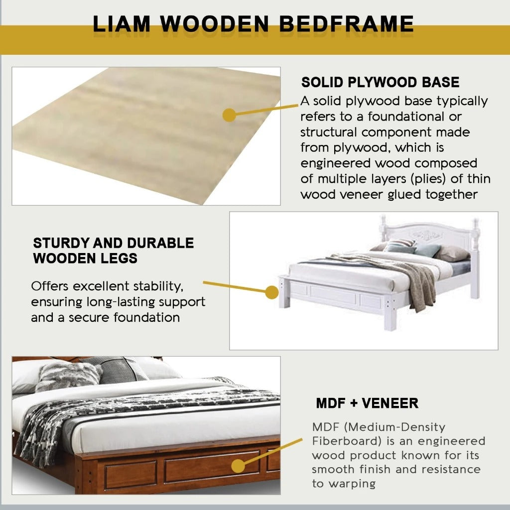 Liam Wooden Bedframe MDF + Veneer With Plywood Base Queen Size - w/ Mattress Option