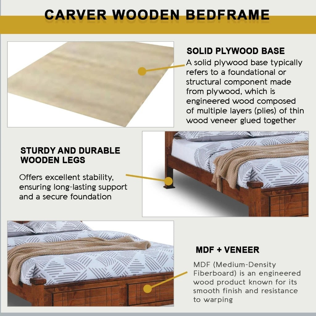 Carver Wooden Bedframe MDF + Veneer W/ Plywood Base Queen/King Size - w/ Mattress Option