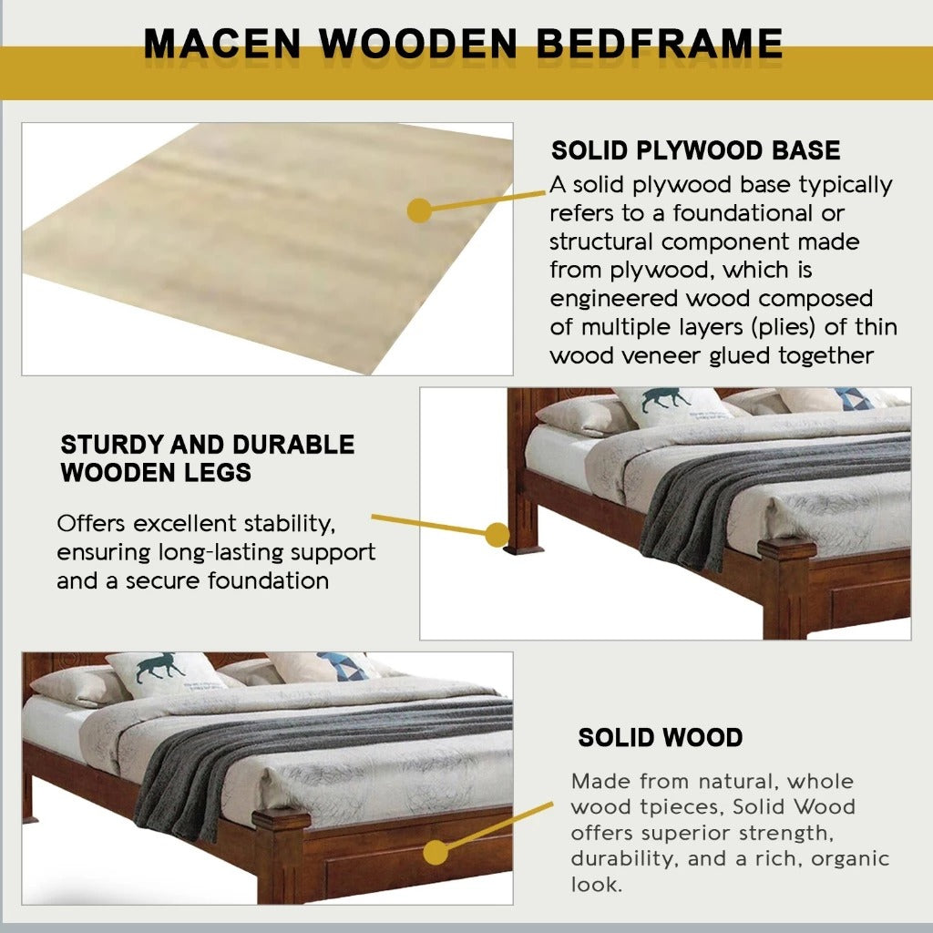 Macen Wooden Bedframe Solid Wood With Plywood Base Queen/King Size - w/ Mattress Option