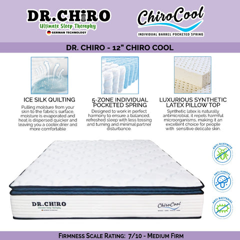 Image of DR Chiro CHIRO COOL 12" 5-Zone Pocketed Spring Mattress - Synthetic Latex and Ice Silk Cooling Fabric