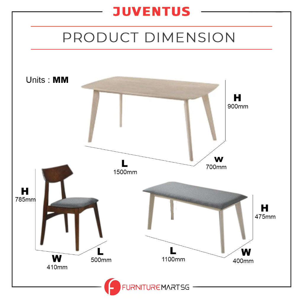 Juventus Dining Set Table with Chair & Bench in Natural Whitewash & Walnut Color