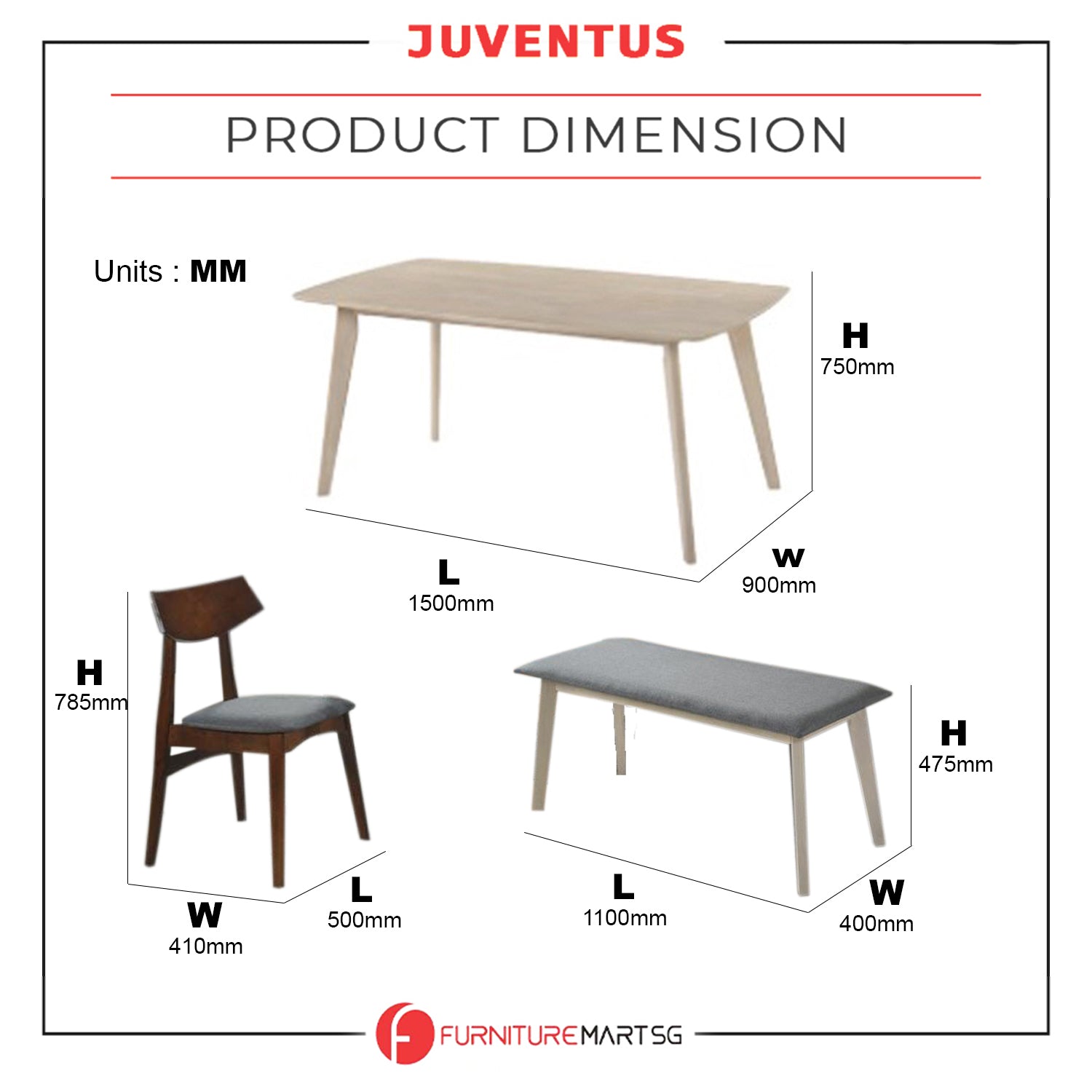 Juventus Dining Set Table with Chair & Bench in Natural Whitewash & Walnut Color