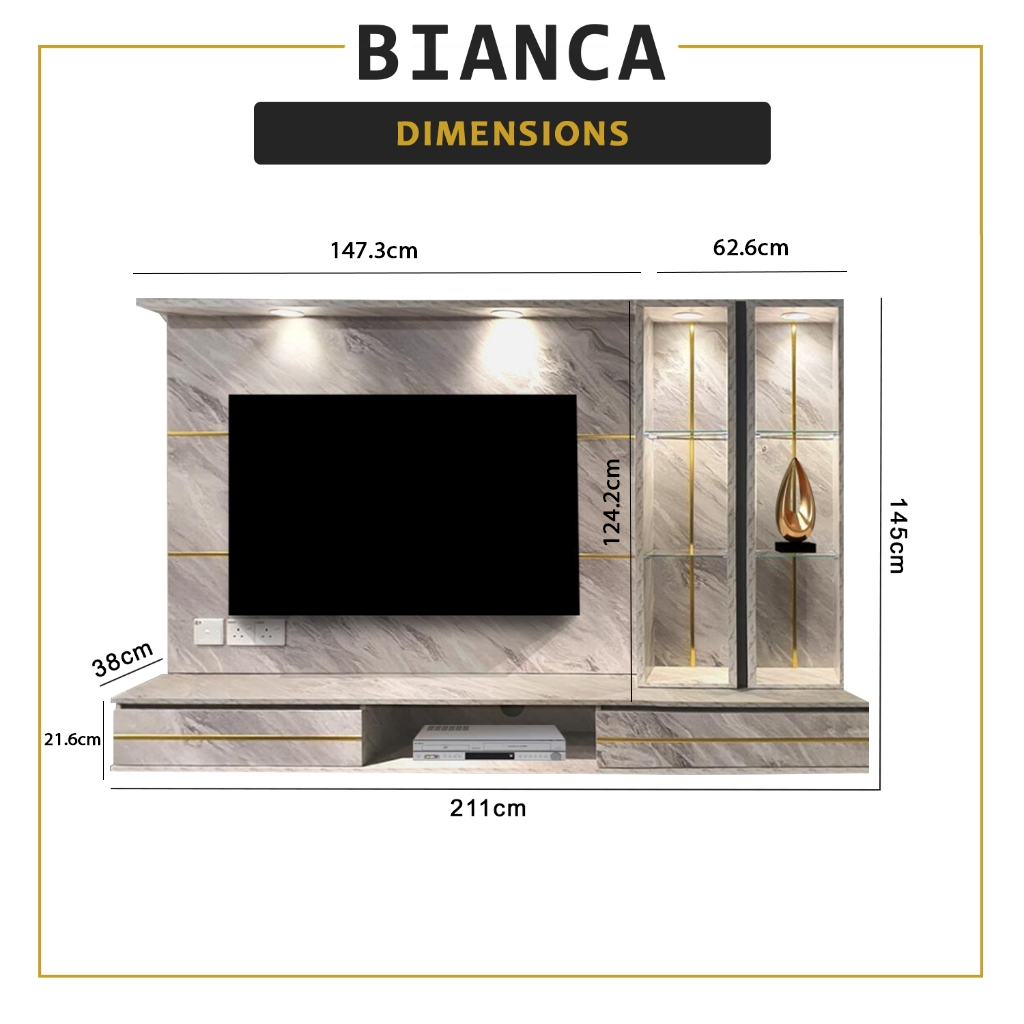 Bianca Hanging TV Console Floating with Display Shelf Cabinet & Built-in Light & Socket