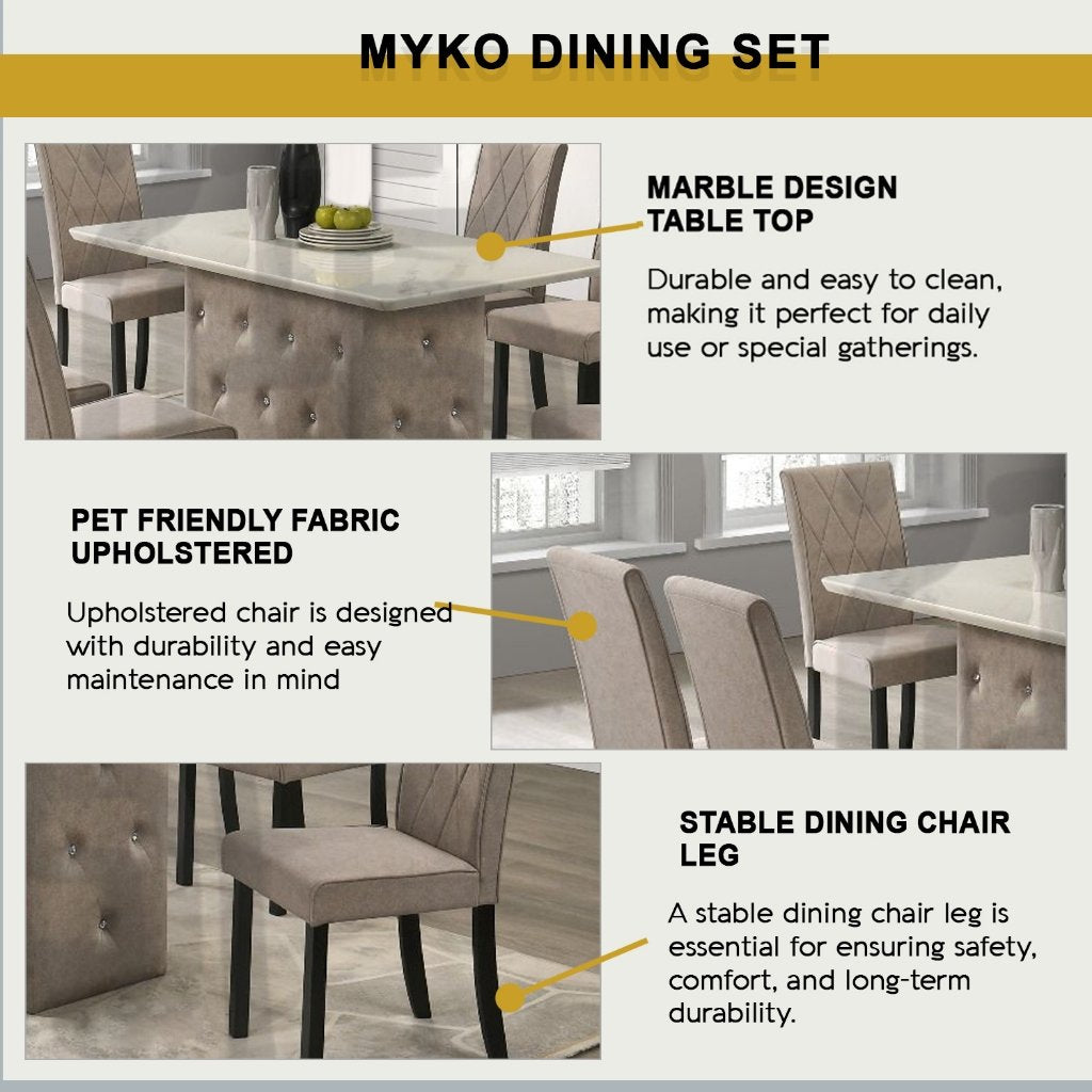 Myko 1+6 Pet Friendly Fabric Upholstered Stand and Dining Chair with Marble Table