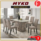 Myko 1+6 Pet Friendly Fabric Upholstered Stand and Dining Chair with Marble Table