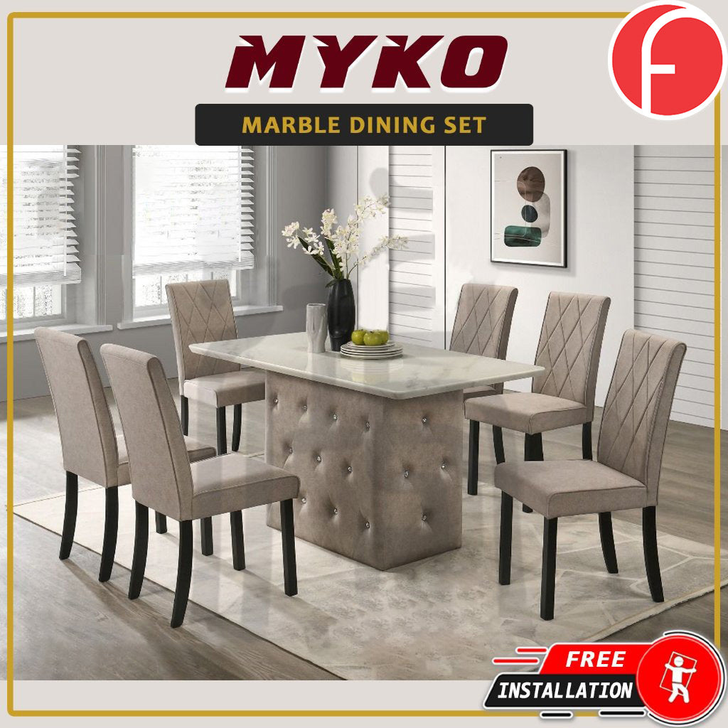 Myko 1+6 Pet Friendly Fabric Upholstered Stand and Dining Chair with Marble Table