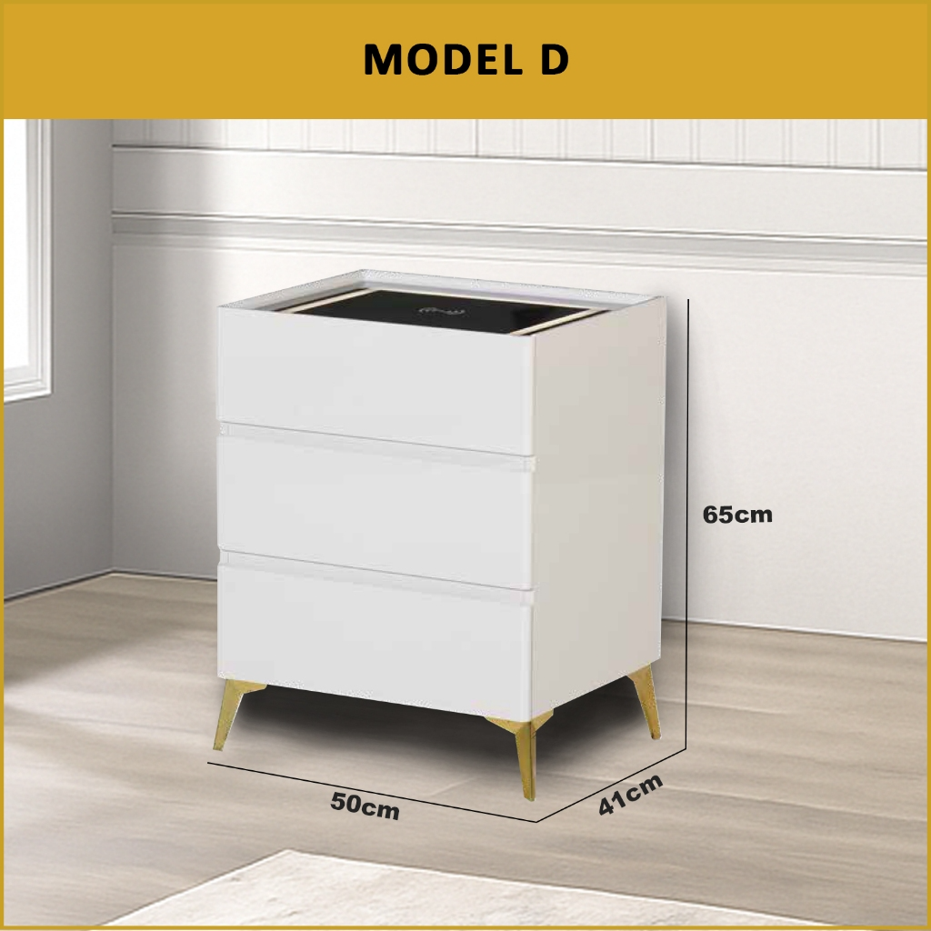 Evon (Model D) Bedside Table with Drawers and Wireless Charger Top with 3-Colour Led Lights