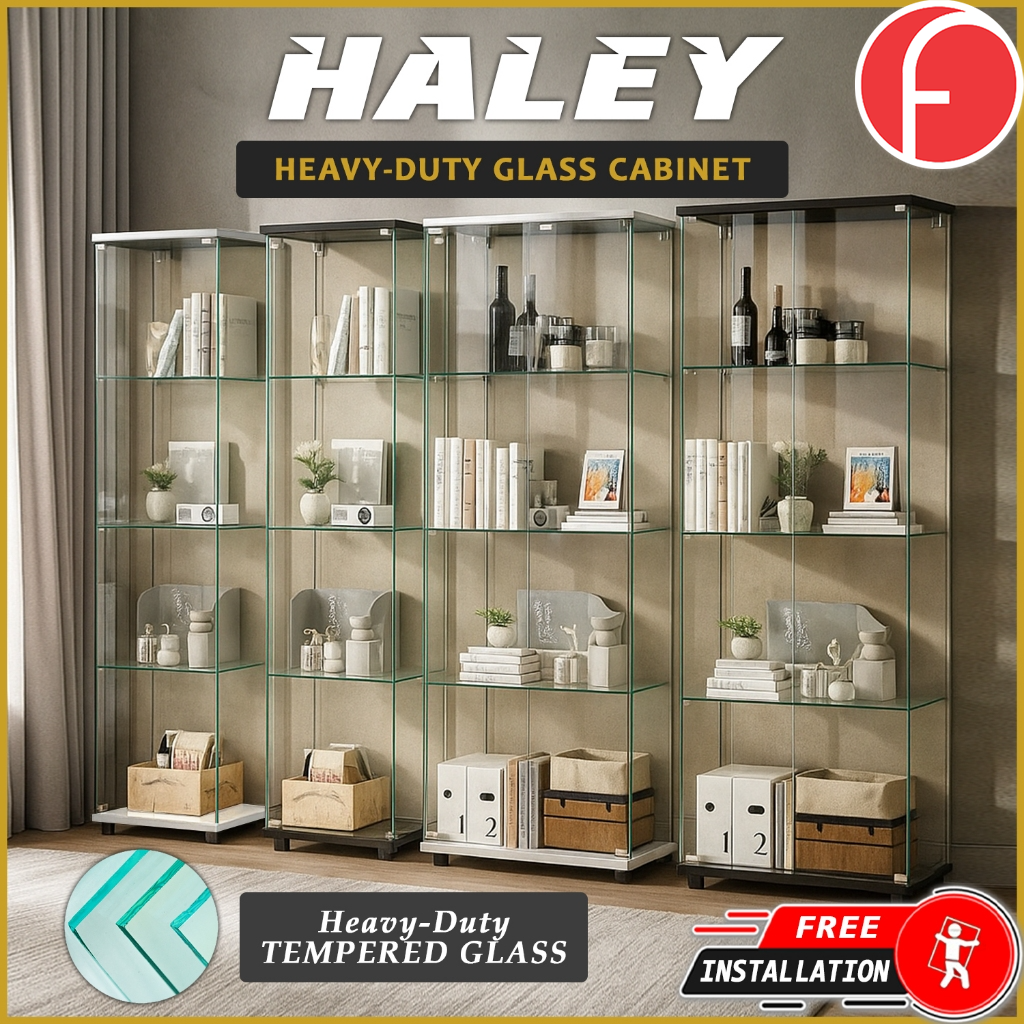 Haley Heavy-Duty Tempered Glass Display Cabinet in Black or White Colour