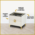 Evon (Model D) Bedside Table with Drawers and Wireless Charger Top with 3-Colour Led Lights