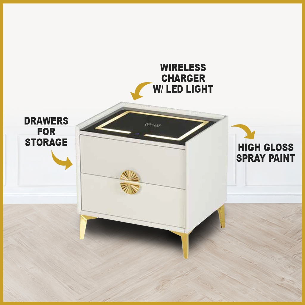 Evon (Model D) Bedside Table with Drawers and Wireless Charger Top with 3-Colour Led Lights
