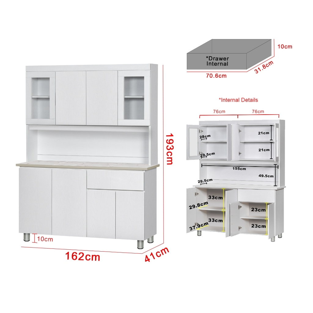 Deena Series 4/4-Door Kitchen Cabinet with Drawers in White Colour with Top