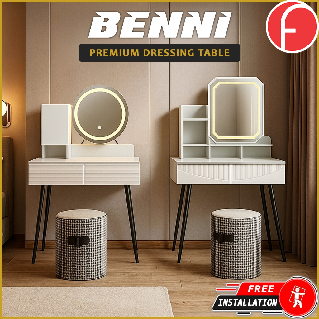 Benni (Model A) Premium Dressing Table with Led Backlit Mirror, with Drawers and Stool
