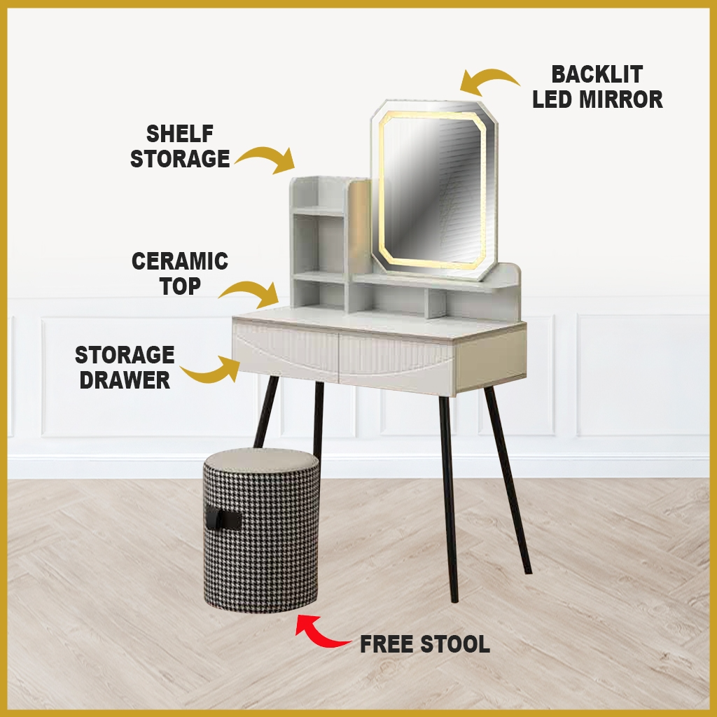 Benni (Model B) Premium Dressing Table with Led Backlit Mirror, with Drawers and Stool