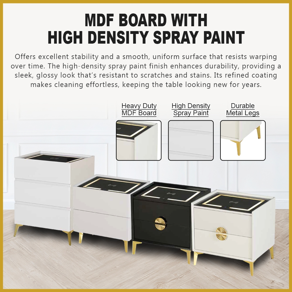 Evon (Model D) Bedside Table with Drawers and Wireless Charger Top with 3-Colour Led Lights