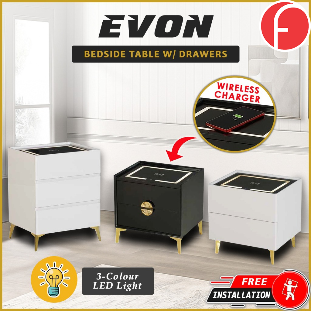 Evon (Model D) Bedside Table with Drawers and Wireless Charger Top with 3-Colour Led Lights