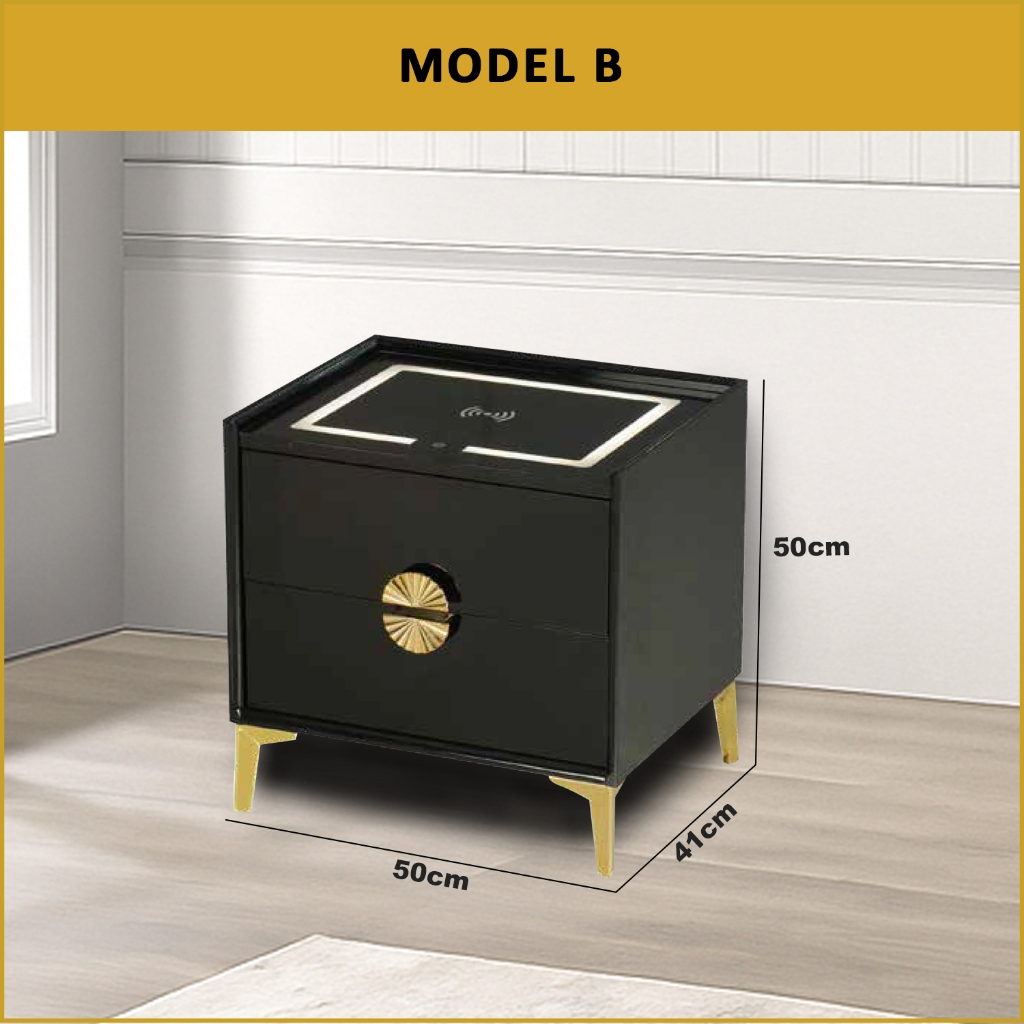 Evon (Model B and C) Bedside Table with Drawers and Wireless Charger Top with 3-Colour Led Lights