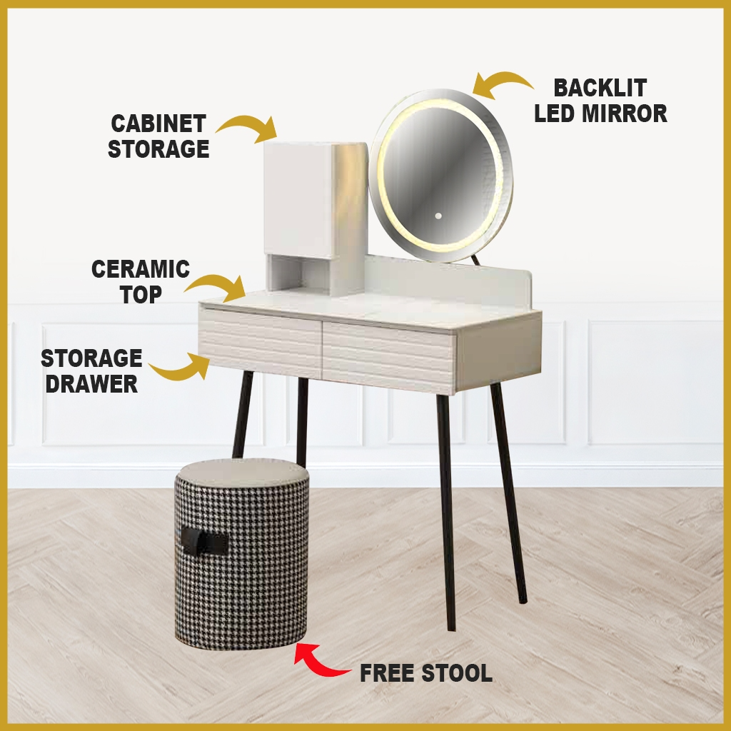 Benni (Model A) Premium Dressing Table with Led Backlit Mirror, with Drawers and Stool