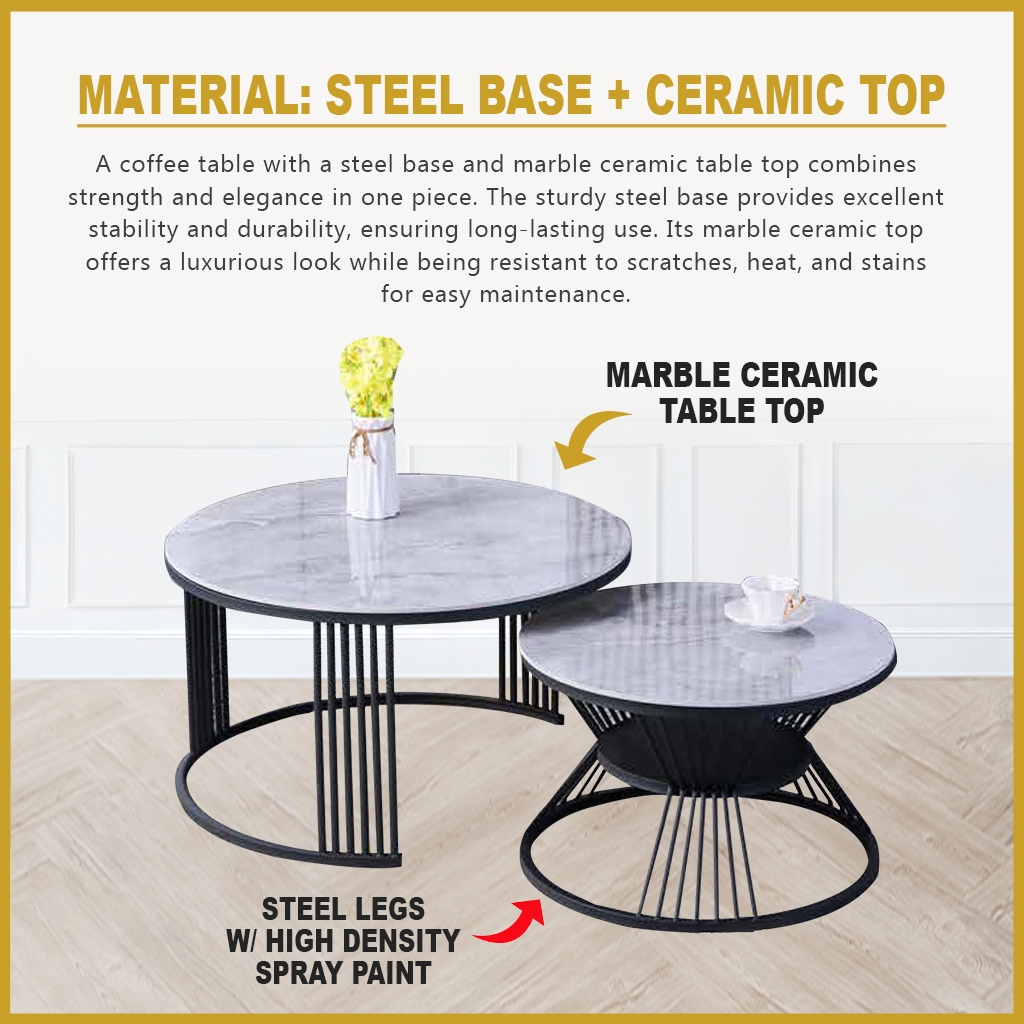 Farra Premium Coffee Center Table Steel Metal Leg + Marble Ceramic Top - 2 Colors
