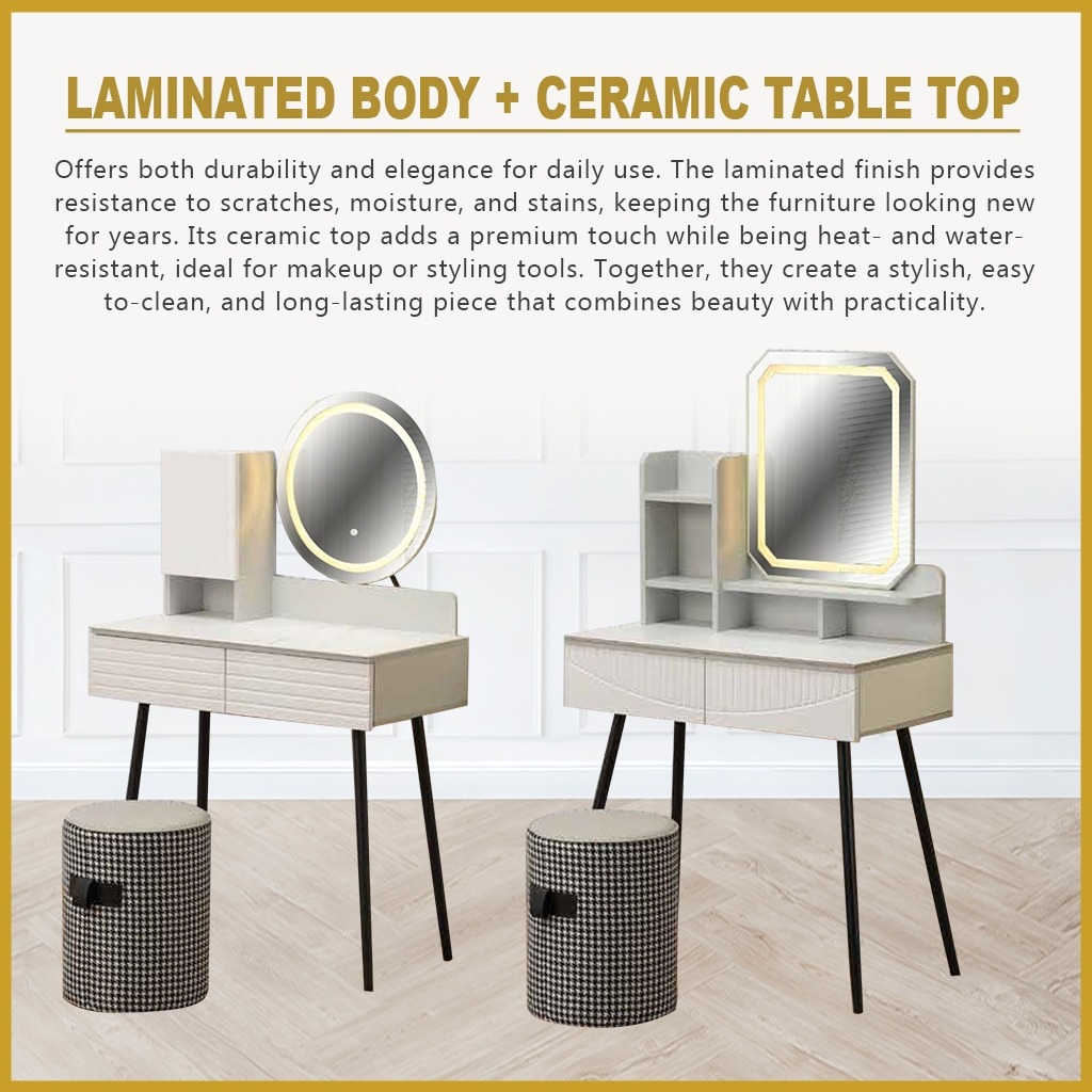 Benni (Model A) Premium Dressing Table with Led Backlit Mirror, with Drawers and Stool