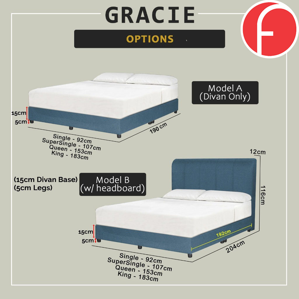 Gracie Divan Bed Frame with Foam Padded Headboard w/ Mattress - All Sizes Available