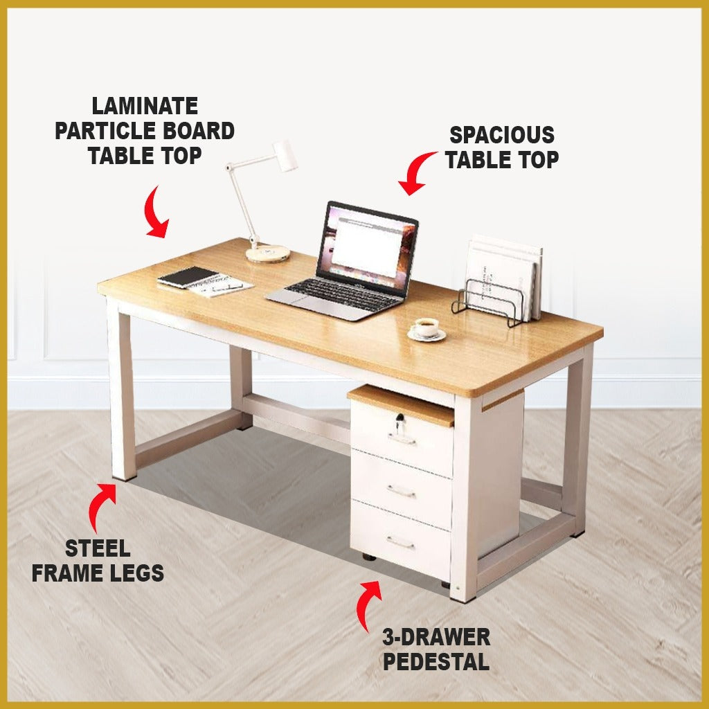 Demmi Computer Table with 3-Drawer Pedestal Working Study Laptop Table