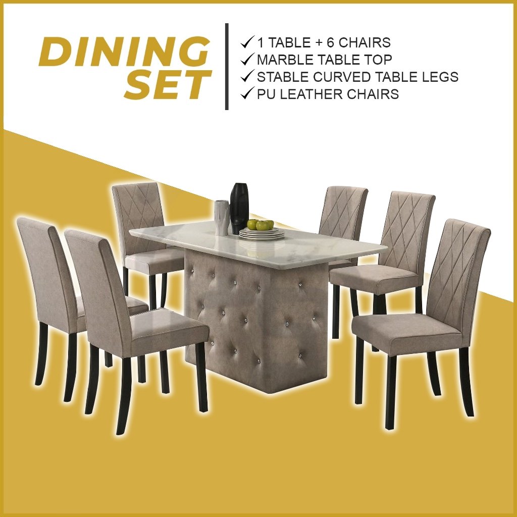 Myko 1+6 Pet Friendly Fabric Upholstered Stand and Dining Chair with Marble Table