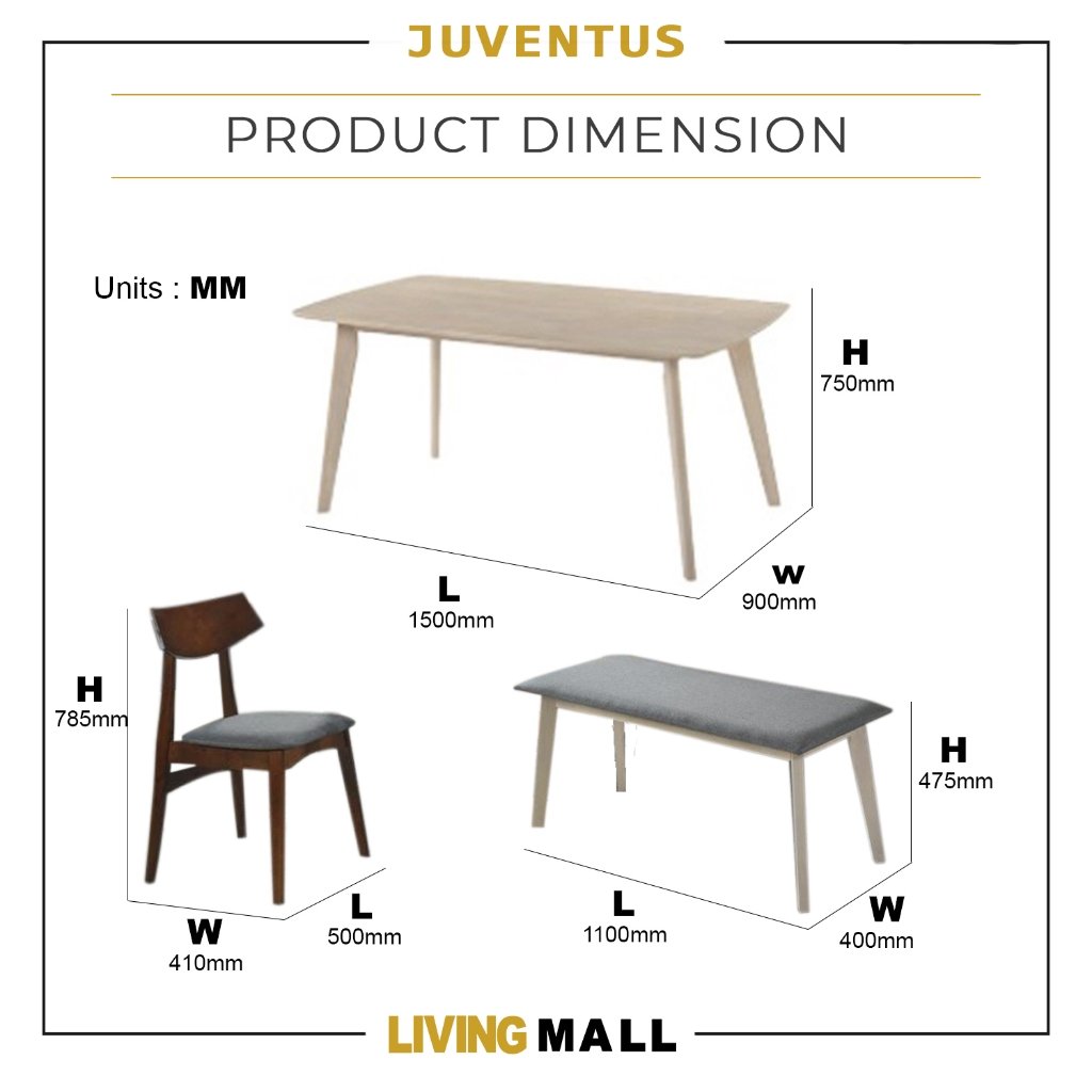 Juventus Dining Set Table with Chair & Bench in Walnut Color