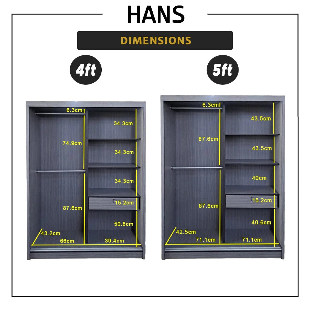 Hans Series 4FT/5FT 2-Door Sliding Door Wardrobe in White Wash or Dark Grey