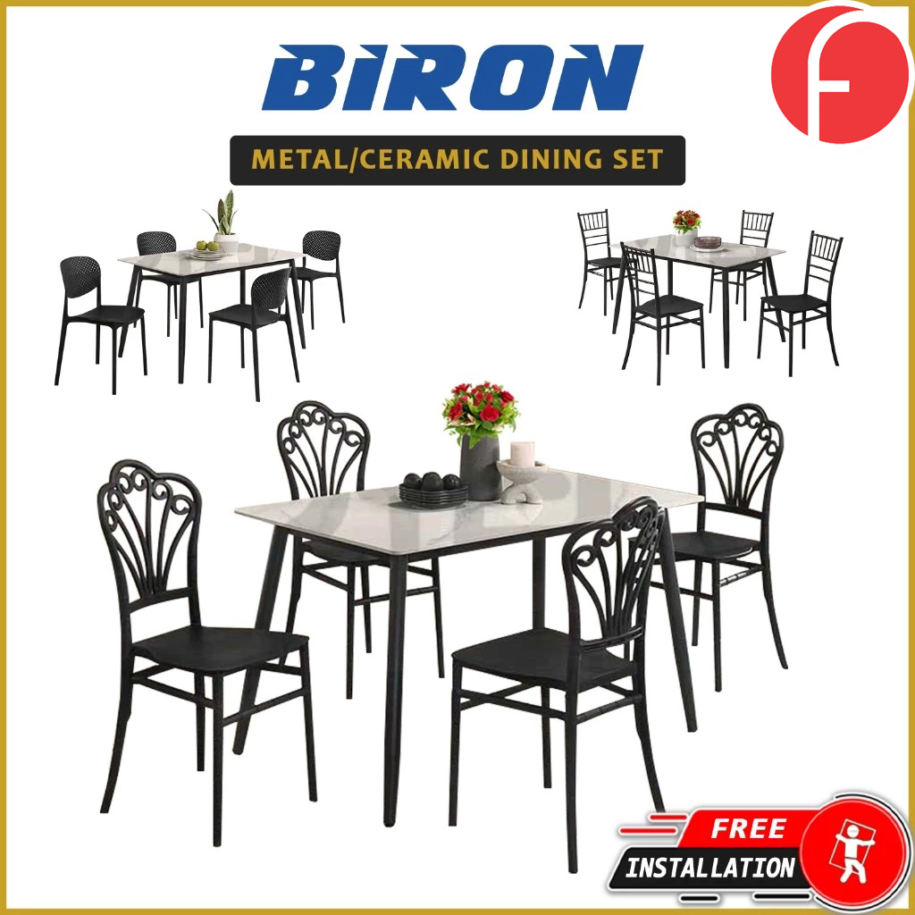 Biron 1+4 Dining Set Table with Chair Ceramic Table Top with Metal Legs