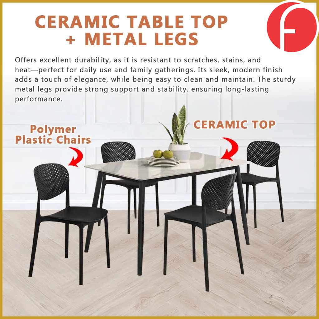 Biron 1+4 Dining Set Table with Chair Ceramic Table Top with Metal Legs