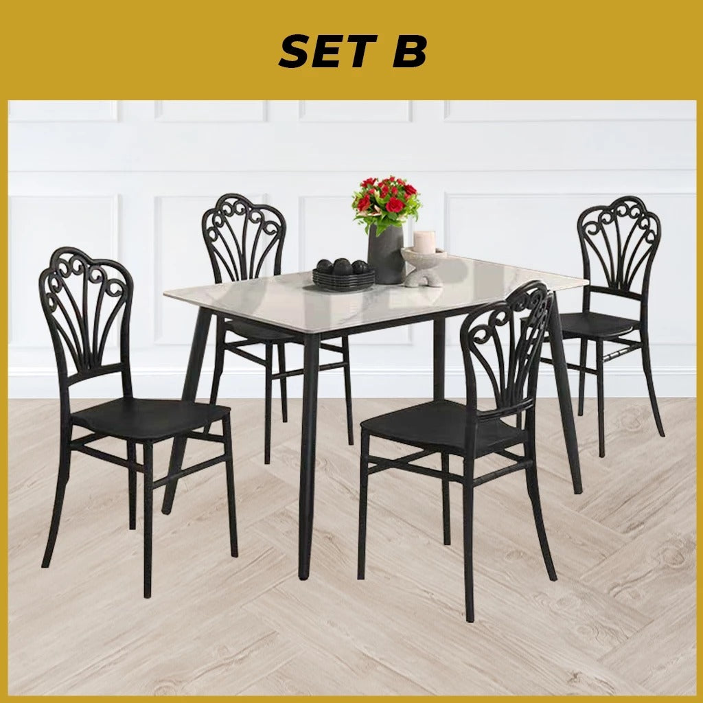 Biron 1+4 Dining Set Table with Chair Ceramic Table Top with Metal Legs