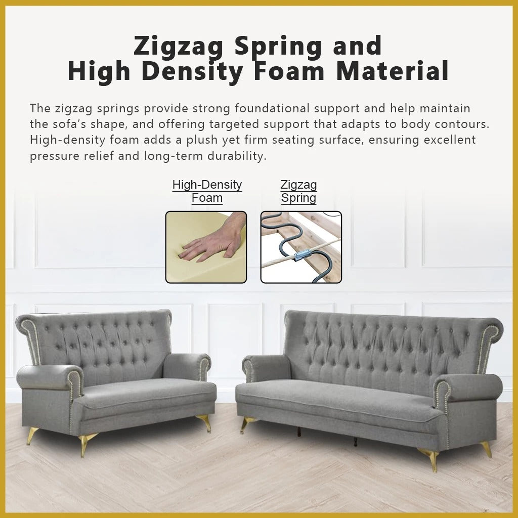 Arjon 2-Seater + 3-Seater Sofa Zigzag Spring in Grey Colour Fabric