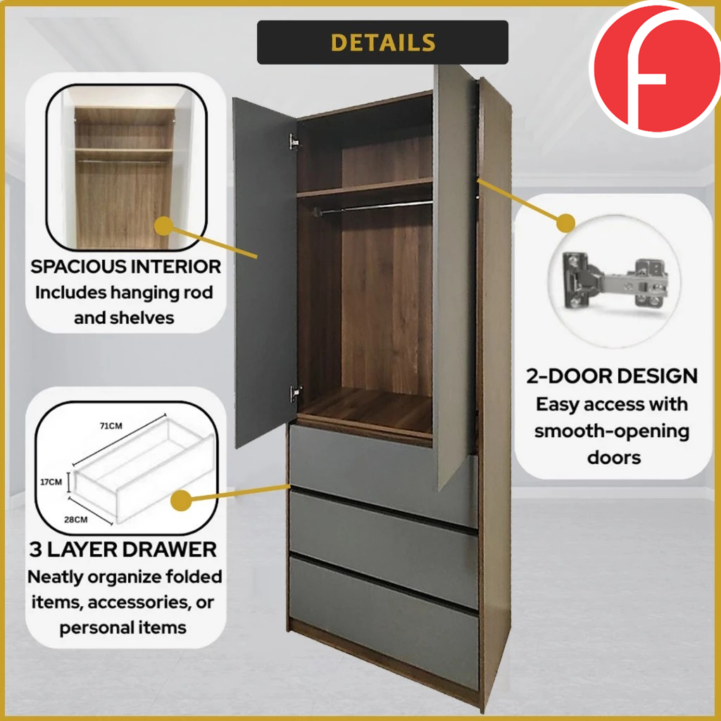 Nolin Modern 2 Door Hanging Wardrobe + 3 Layer Drawer Laminated Back Panel