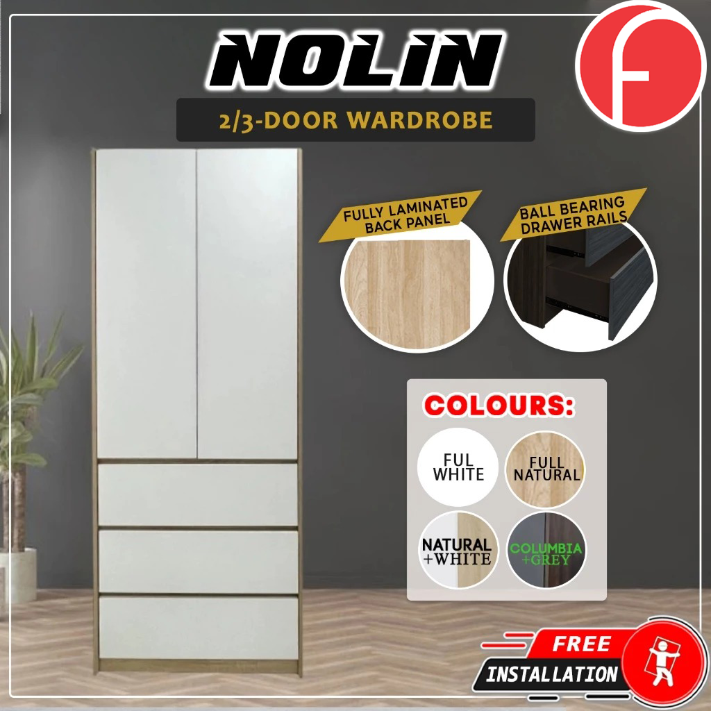 Nolin Modern 2 Door Hanging Wardrobe + 3 Layer Drawer Laminated Back Panel