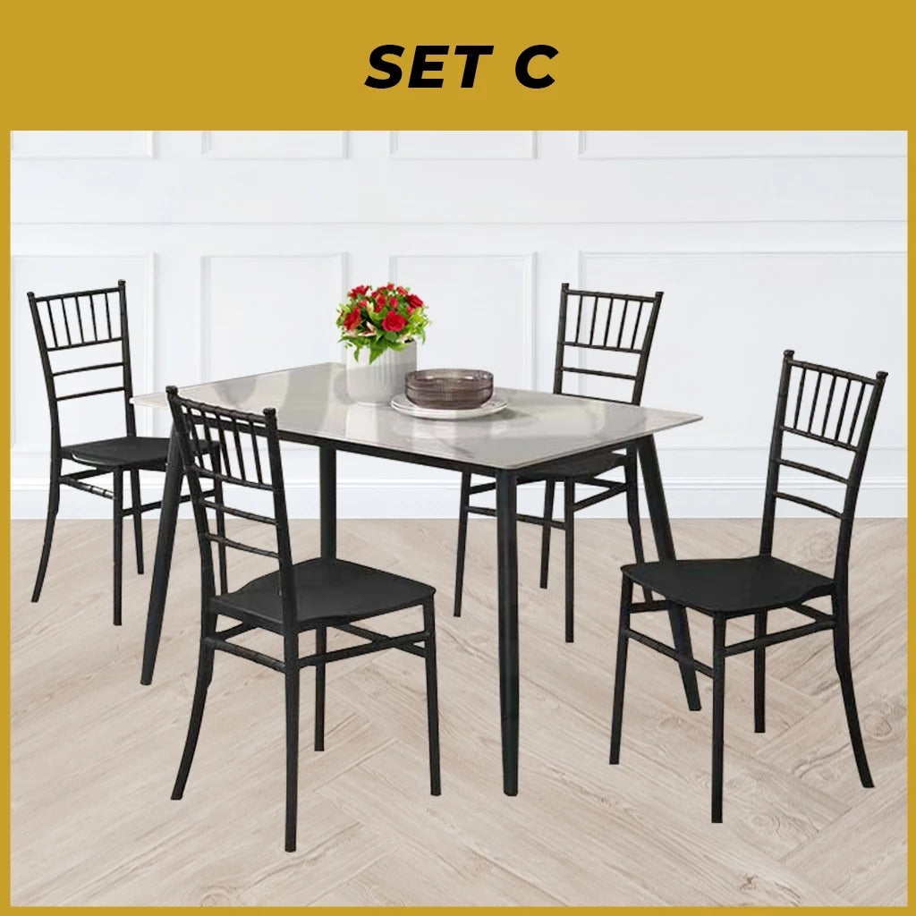 Biron 1+4 Dining Set Table with Chair Ceramic Table Top with Metal Legs