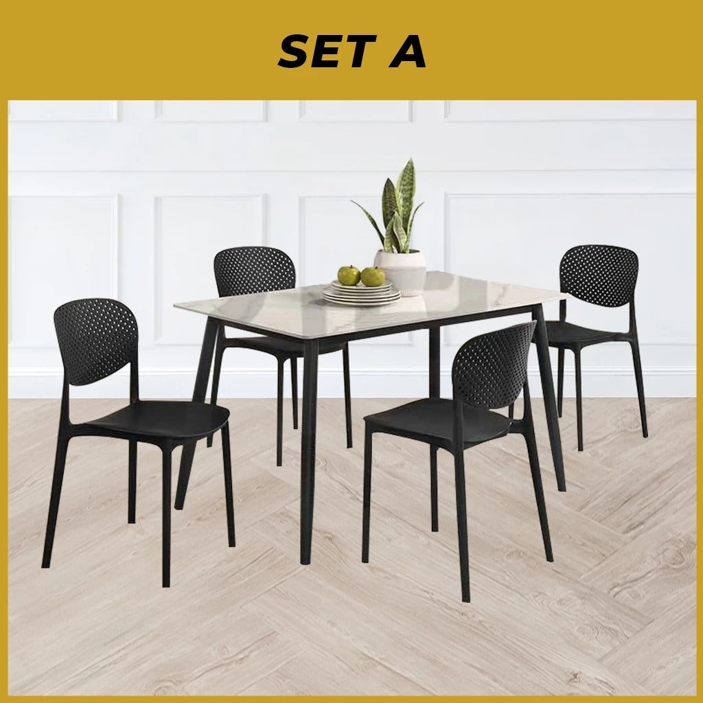 Biron 1+4 Dining Set Table with Chair Ceramic Table Top with Metal Legs