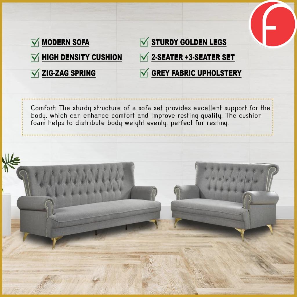 Arjon 2-Seater + 3-Seater Sofa Zigzag Spring in Grey Colour Fabric