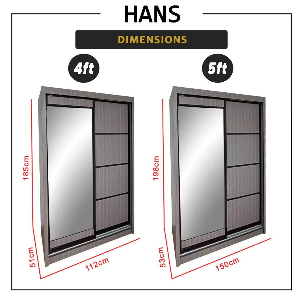 Hans Series 4FT/5FT 2-Door Sliding Door Wardrobe in White Wash or Dark Grey