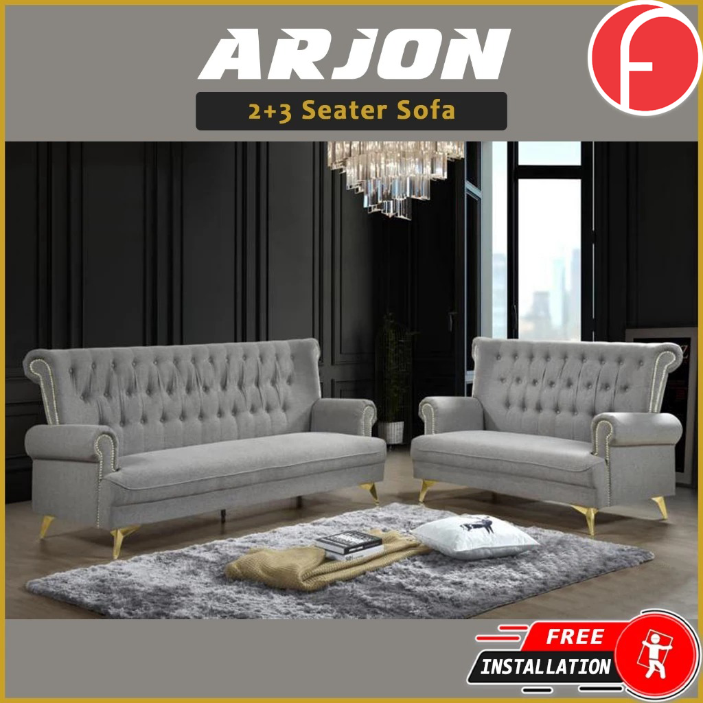 Arjon 2-Seater + 3-Seater Sofa Zigzag Spring in Grey Colour Fabric