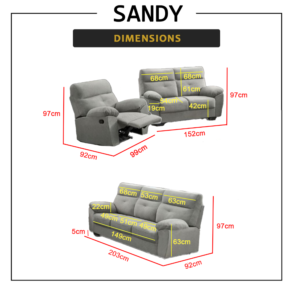 Sandy 1/2/3 Recliner Seater Sofa in 34 Colour - w/ PetFriendly Fabric/Leather