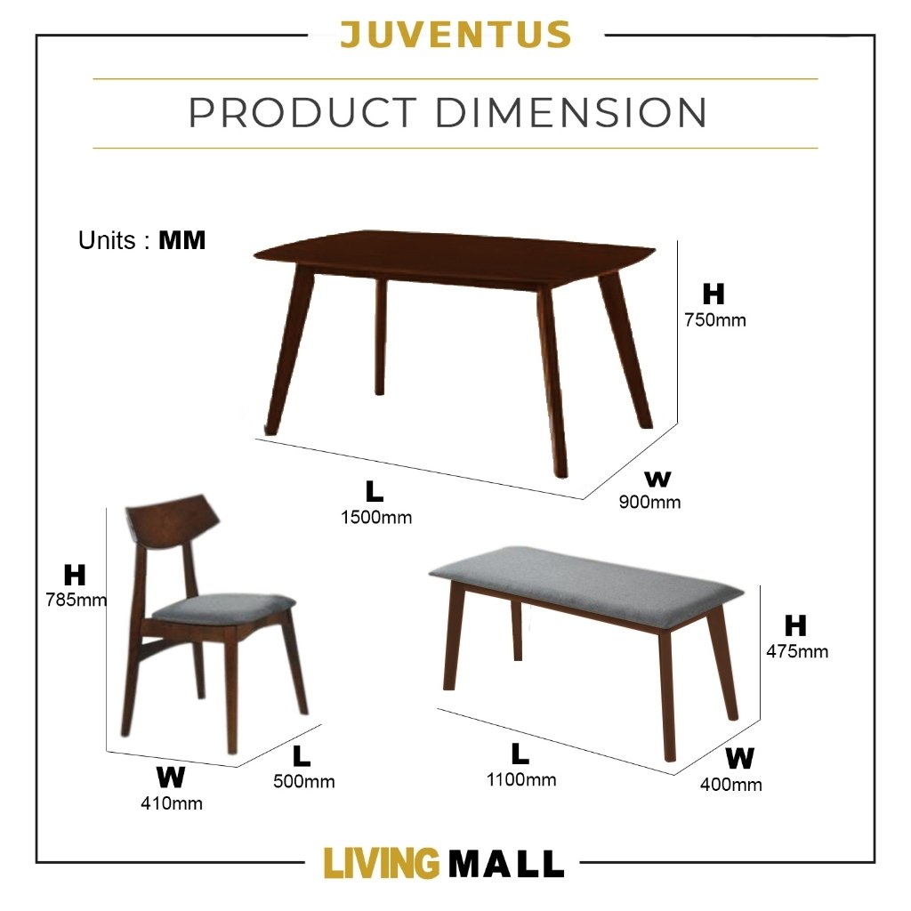Juventus Dining Set Table with Chair & Bench in Walnut Color