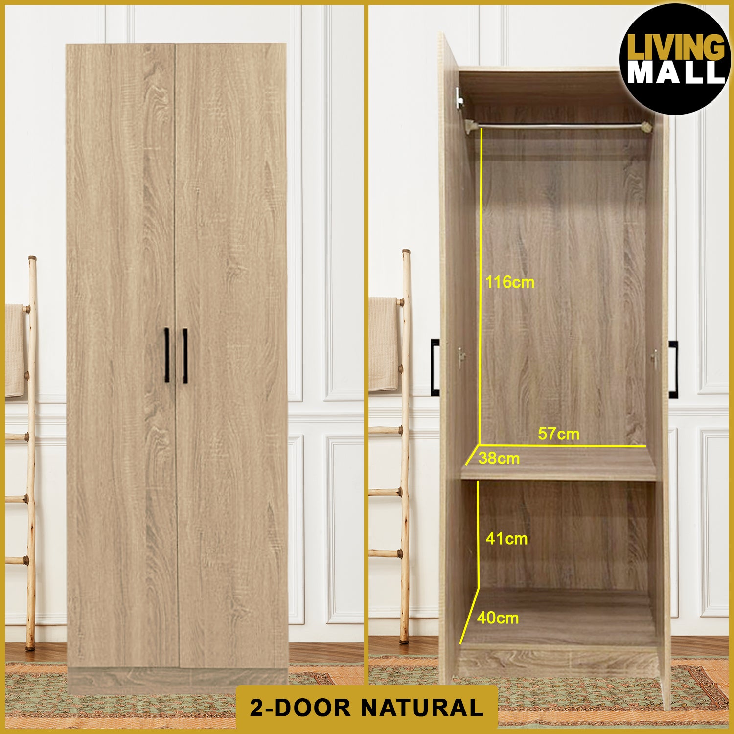 Percy Premium 2 Feet 2 Doors Wardrobe CARB-P2 Certified Laminated Back Panel - Free Install