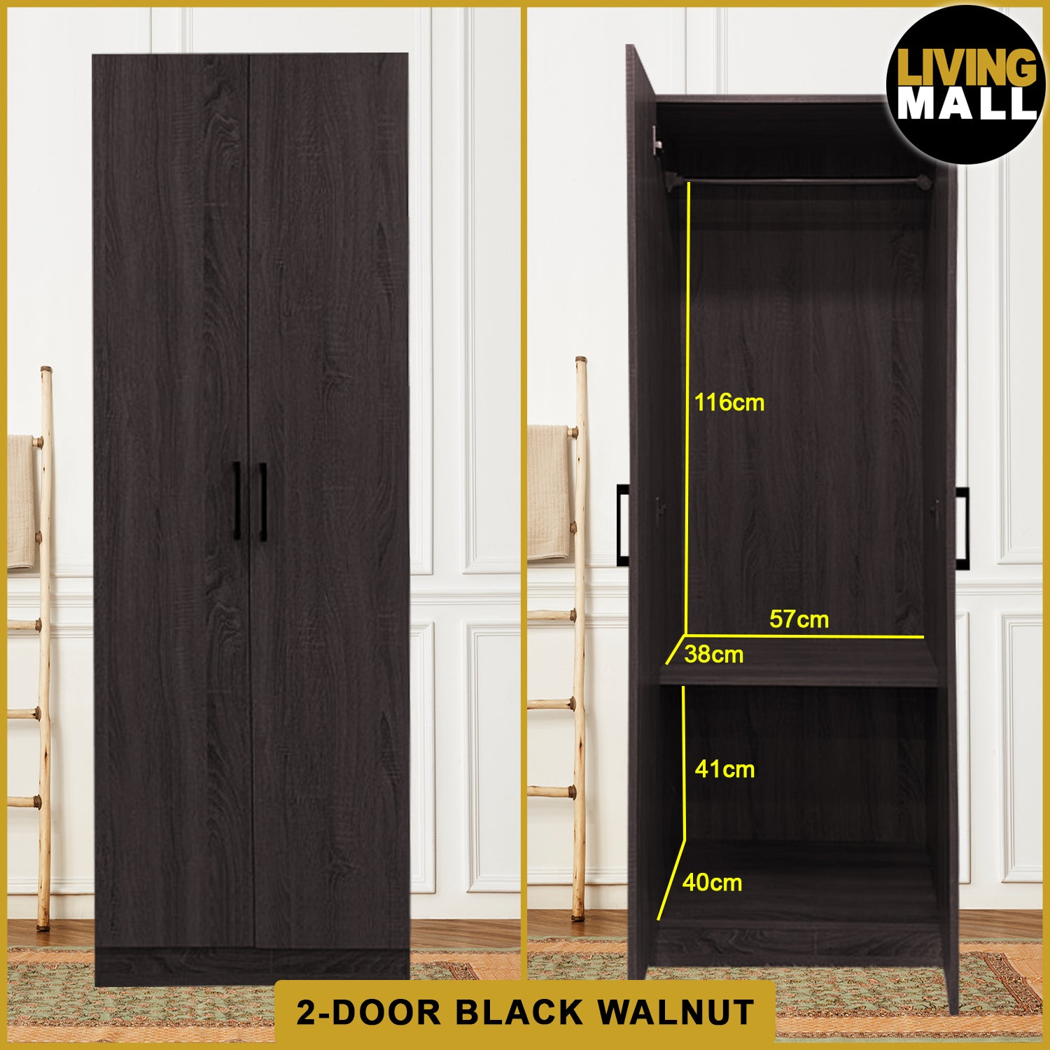 Percy Premium 2 Feet 2 Doors Wardrobe CARB-P2 Certified Laminated Back Panel - Free Install