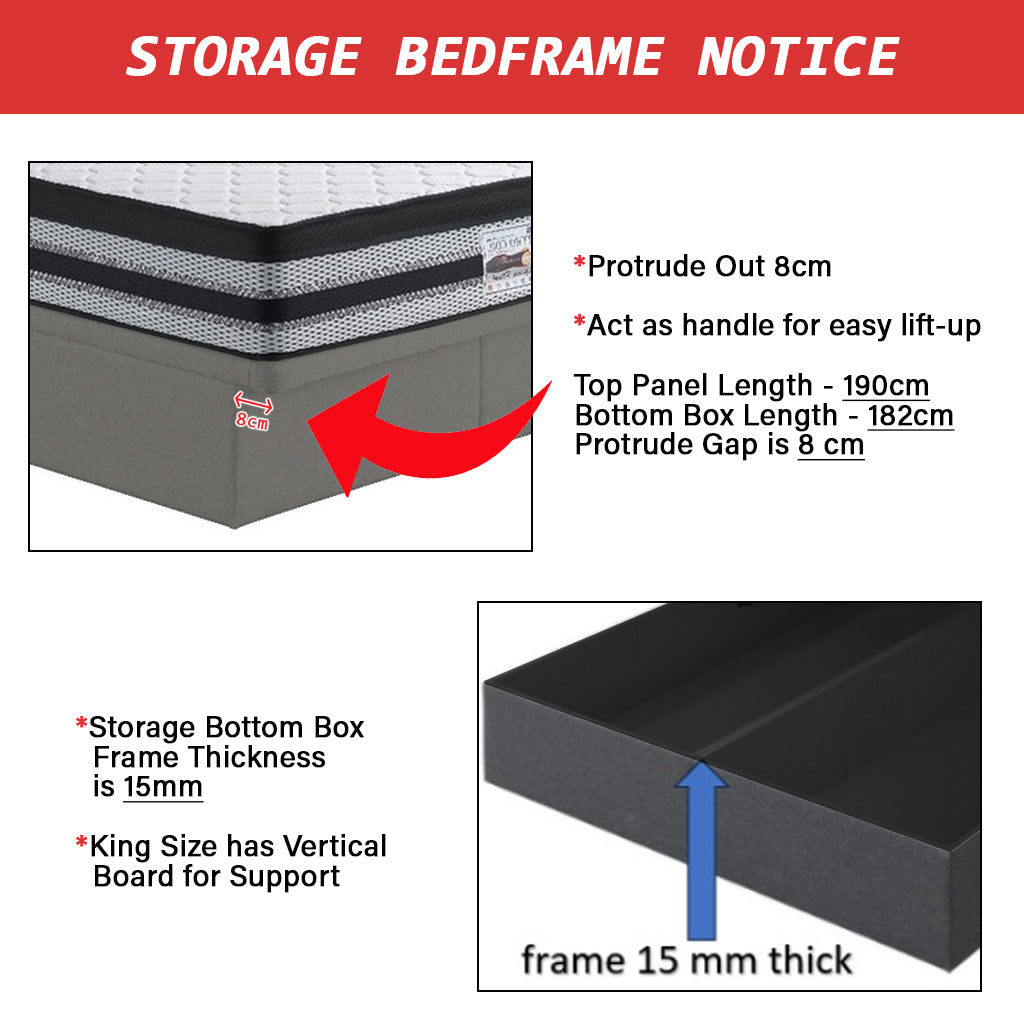 DR CHIRO Ruffy 14" SBD Storage Bed Frame Fabric/Faux Leather in 3 Colours - With Mattress Option
