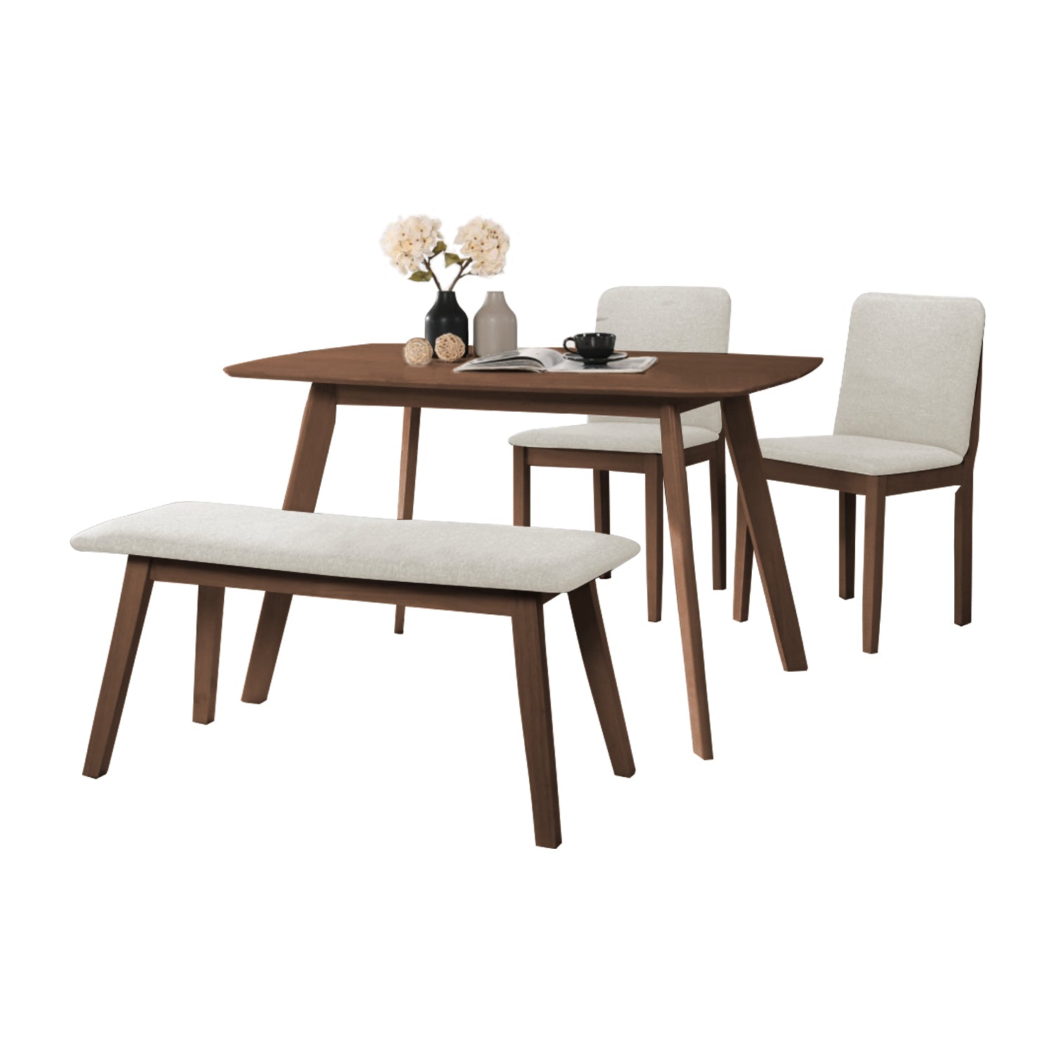 OGIVE Dining Set Table with Chair & Bench Pet-Friendly Fabric in Natural & Walnut Color