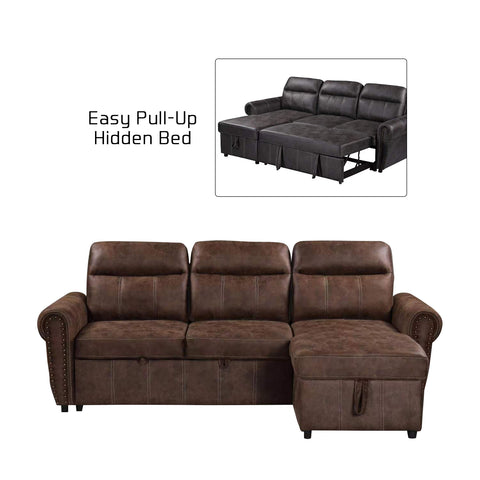 Image of Margo Sleeper Sectional Reversible Sofa in Grey and Brown Suede Fabric
