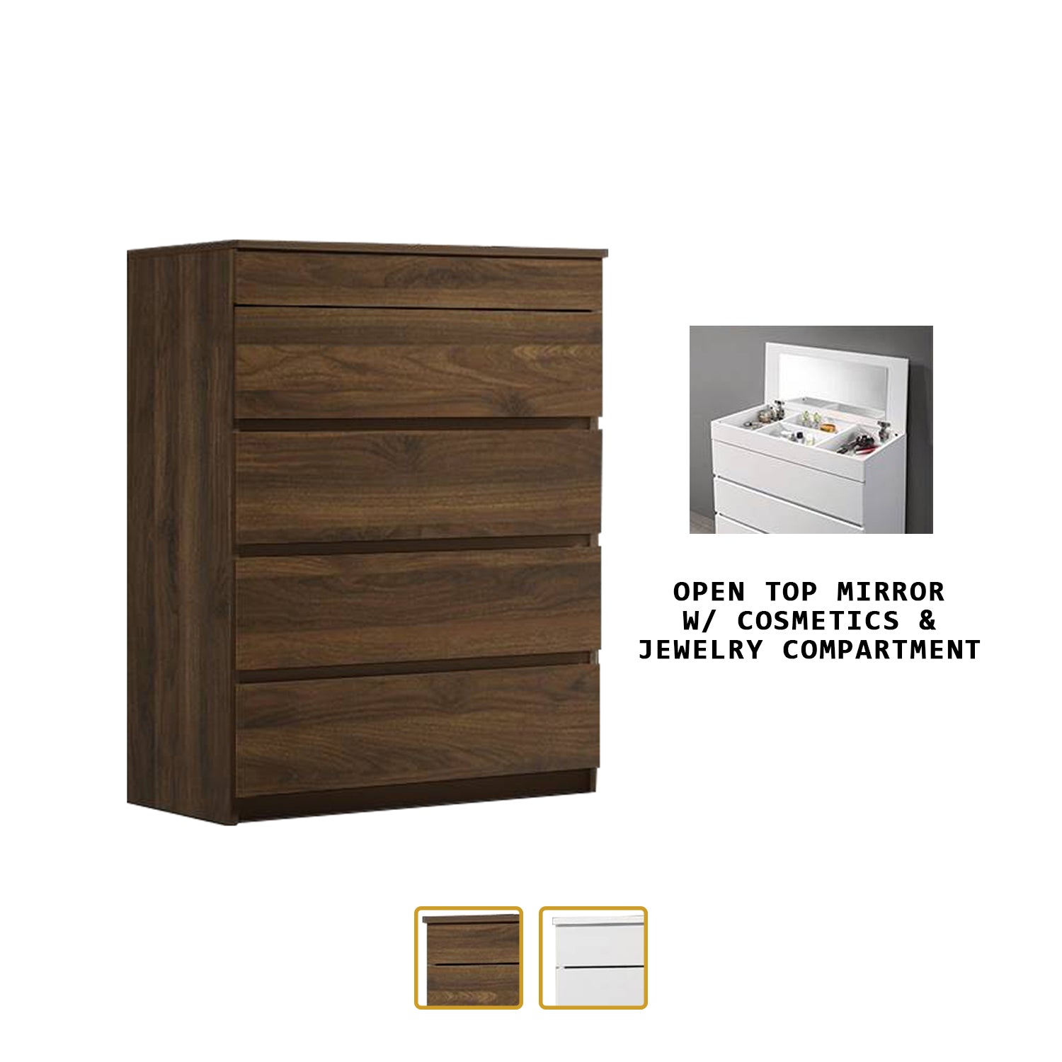Laney 4 Chest of Drawers with Mirror and Cosmetics Compartment in