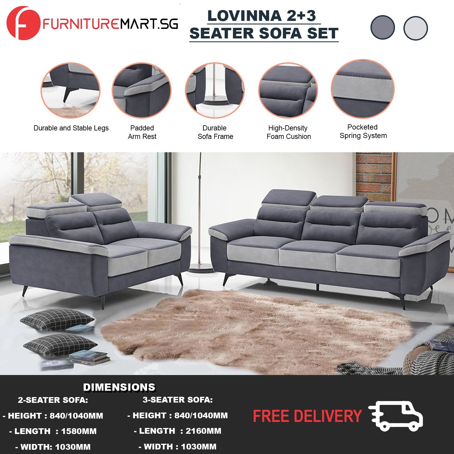 Lovinna 2-Seater and 3-Seater Sofa Pet Pocketed Spring System