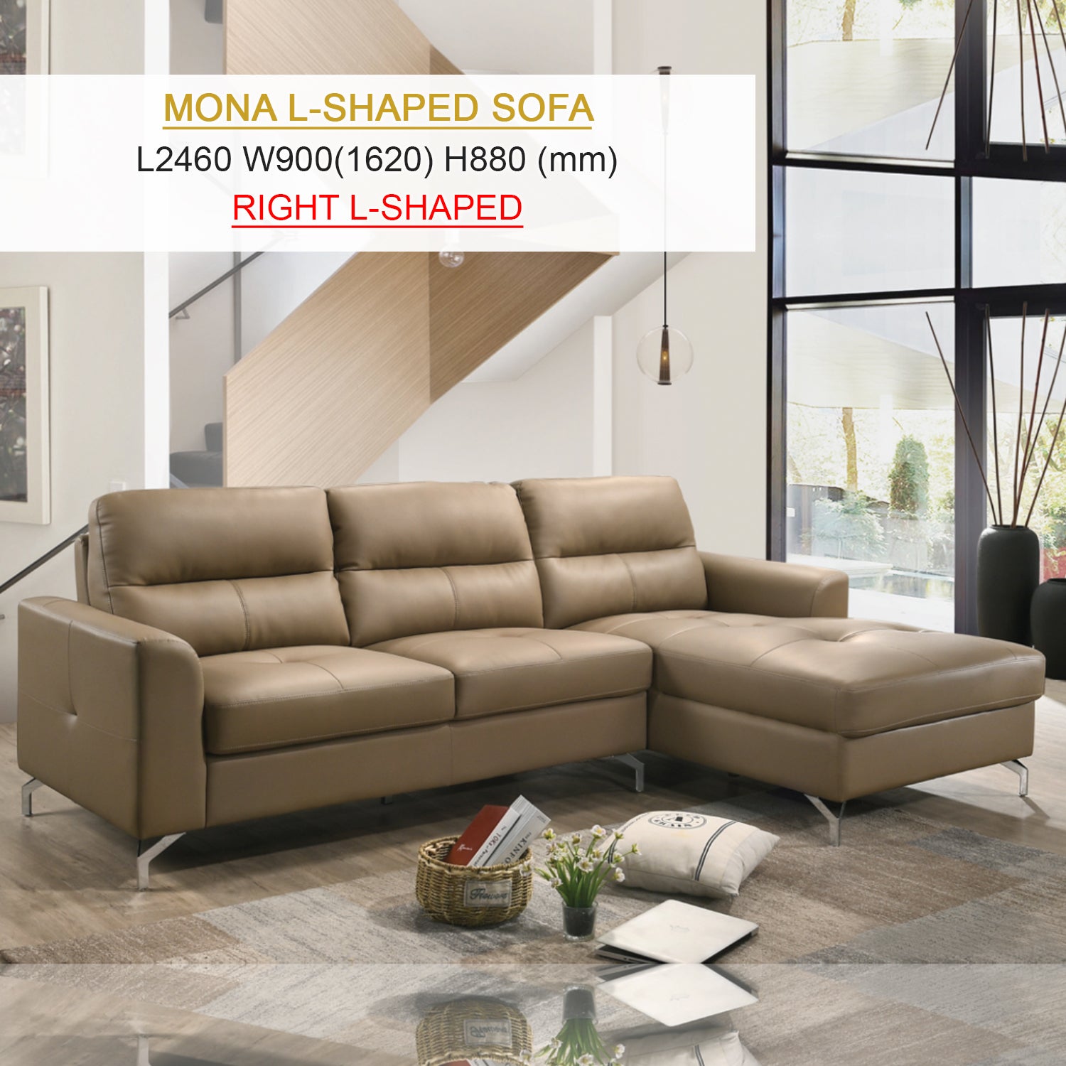 Mona Premium L-Shaped Sofa In Brown Top Grade PU Leather Upholstery